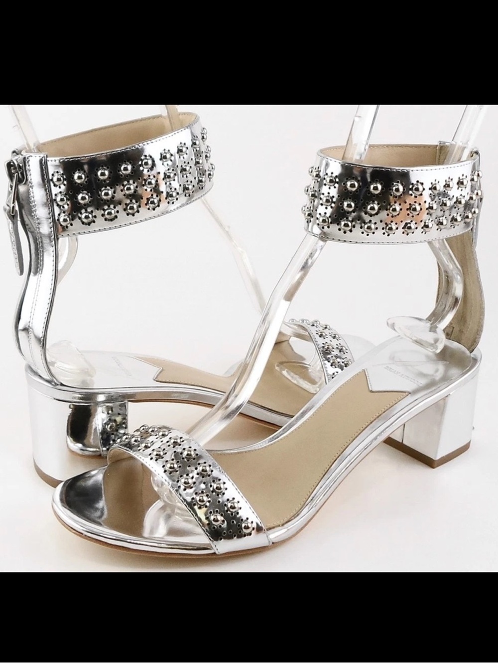 Brian Atwood Kendyll Silver Studded Low Heel Sandals Sz 6.5
